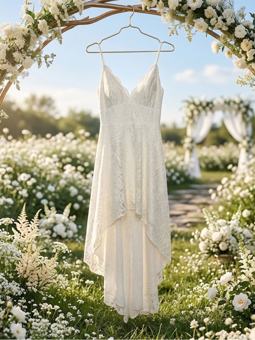 DB Studios Elegant Lace High-Low Formal Wedding Dress Spaghetti Straps & Pockets